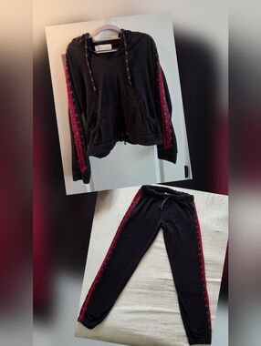 Vintage Havana Black Hoodie & Jogger Set with Plaid Red Trim